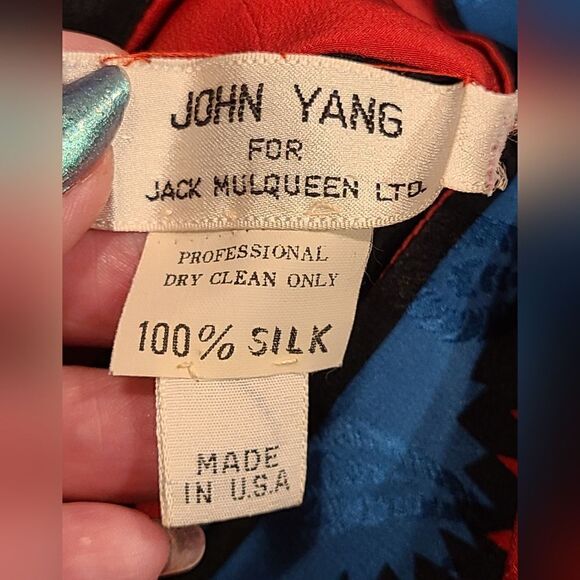 70s/80s John Yang for Jack Mulqueen Striped & Paisley 100% Silk Blouse Mock-neck - Picture 4 of 11